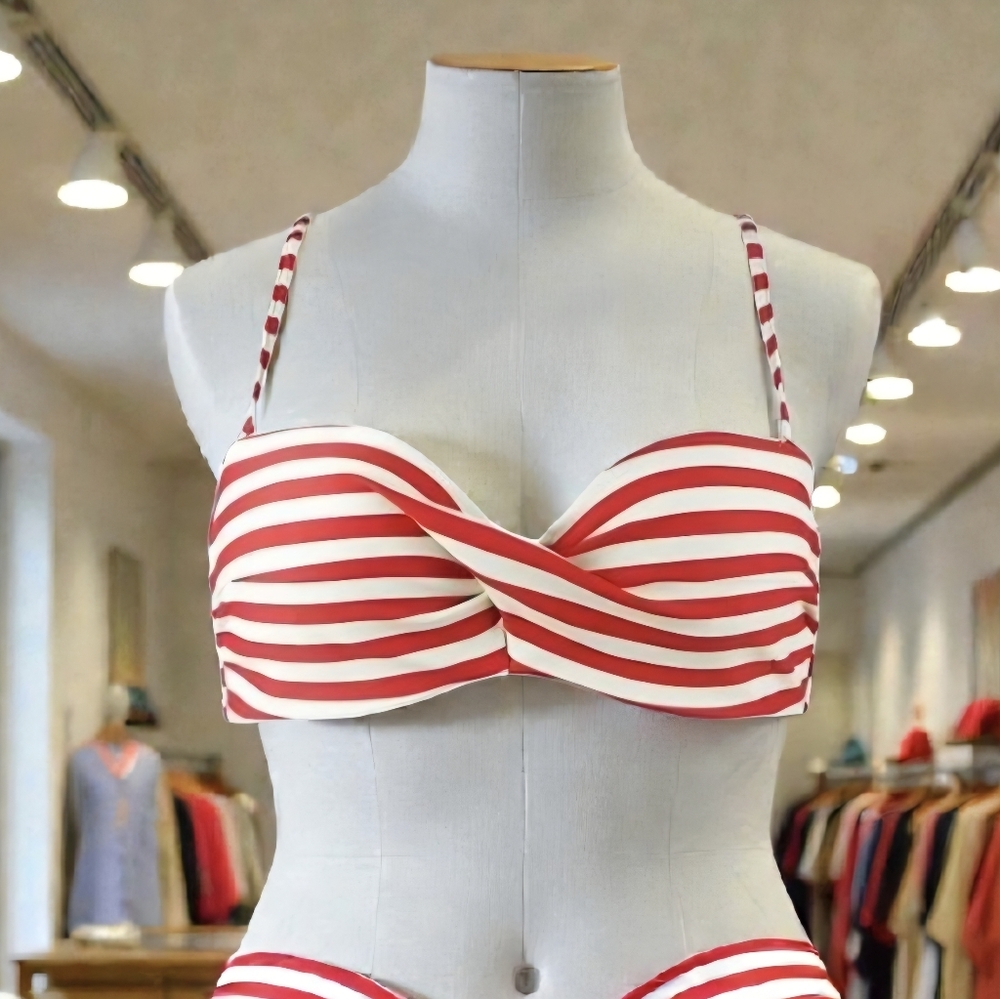 COCOSHIP Red and White Striped Swimwear Top